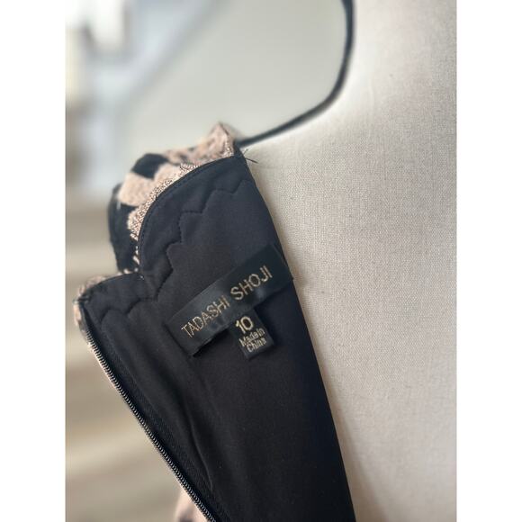 Tadashi Shoji Tan & Black Damask Lace Blouson Drop Waist Cocktail Dress - Picture 6 of 8